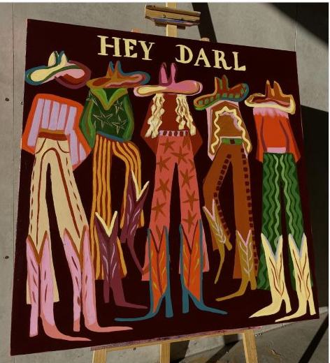 Hey Darl: six headless cowgirl figures in colourful outfits painted on a deep maroon background